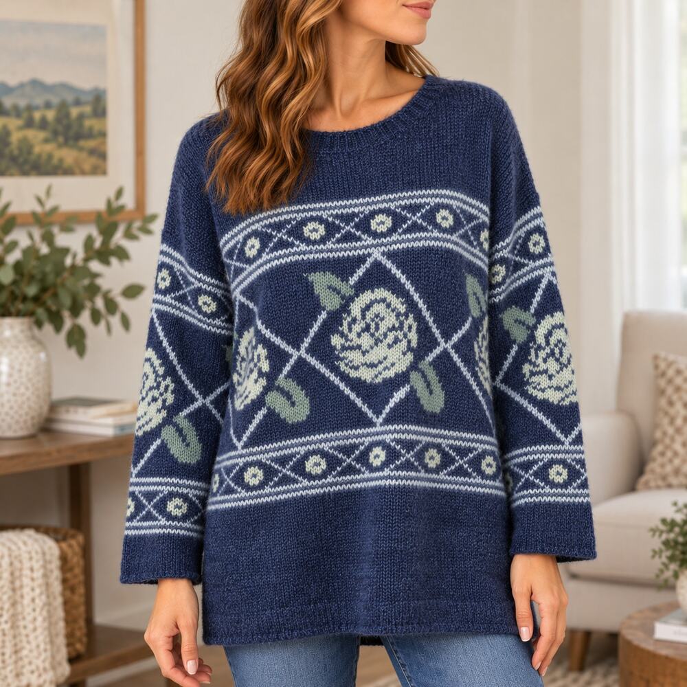 Lane Bryant Womens Chunky Knit Floral Sweater Size 18/20 Blue Mohair Vintage